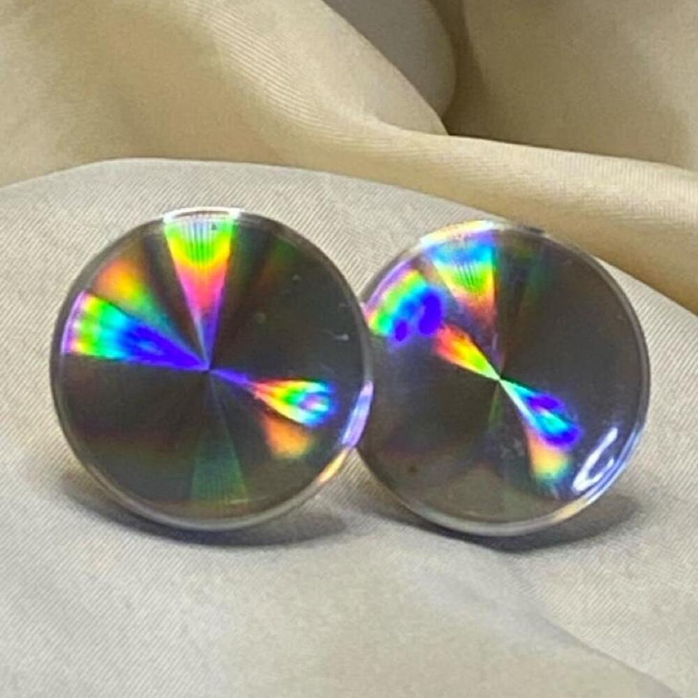 Vintage MCM Sterling Silver Holographic Rainbow Lucite Earrings Screw Back 1”